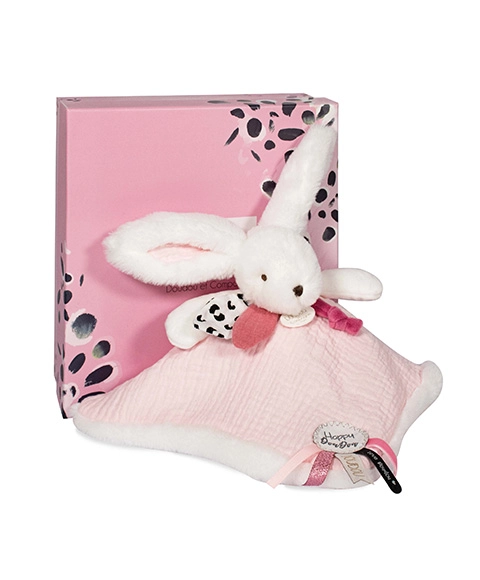 E-shop DouDou ET Compagnie Doudou darčeková sada ružová zajačik so štvorcovou dečkou 25 cm