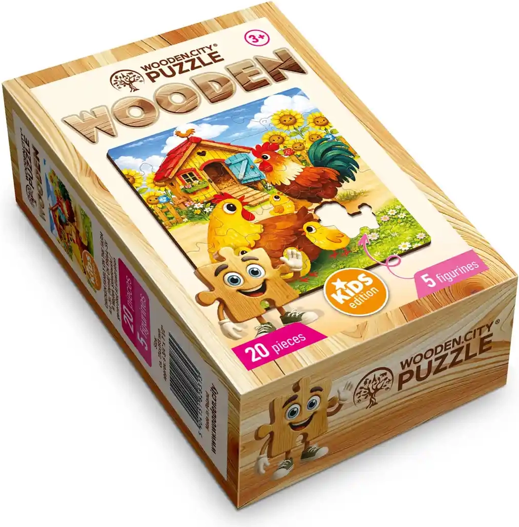 WOODEN CITY drevené puzzle Sliepacia rodinka na farme, 20 dielikov