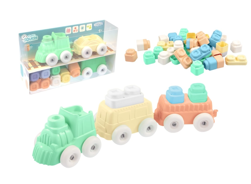 E-shop Mochtoys Vláček + kostky silikonové Play&Squish 12 ks