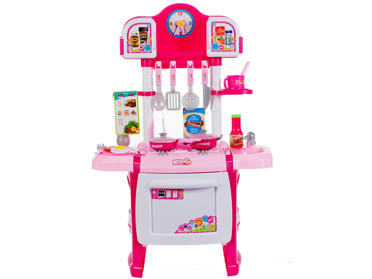 Ružová detská kuchynka so zvukmi a svetlami so zásterou a hodinami