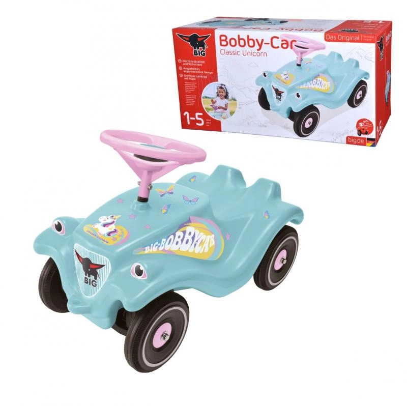 E-shop BIG auto Bobby Car Classic Unicorn ekologické tyrkysové s klaksónom a trendy nálepkami