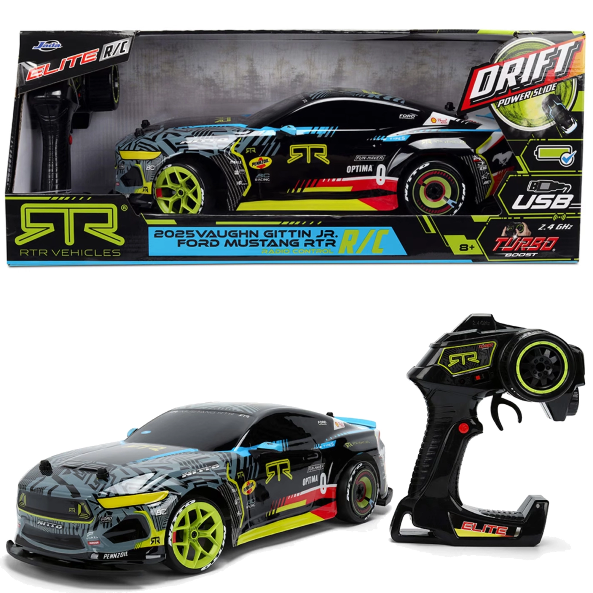 Diaľkovo ovládaný Ford Mustang RTR 2025 Vaughn Gittin Jr. 1:10 s driftom a Turbo Boost