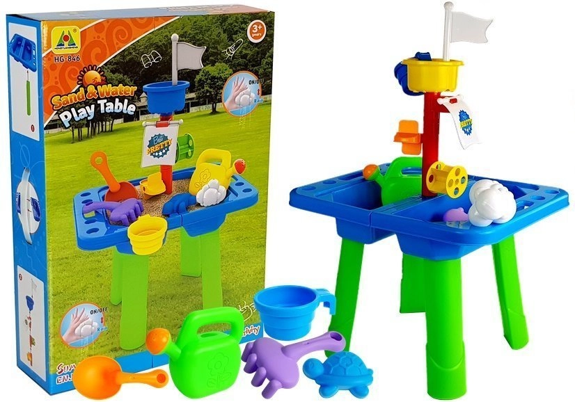 LEAN TOYS Stolík s pieskoviskom + formičky, lopatky, krhla