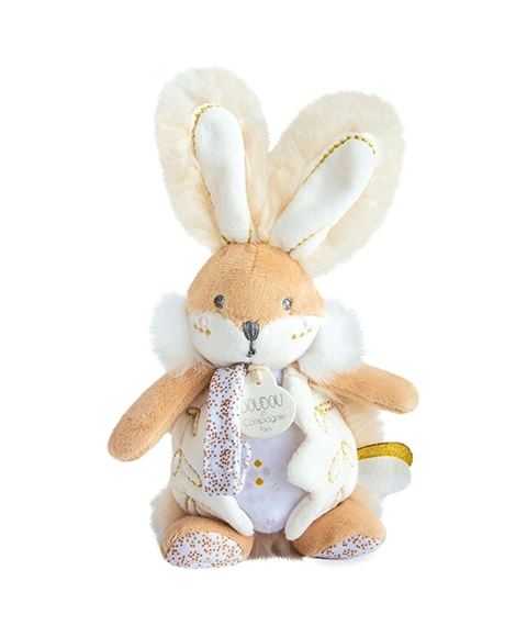 E-shop Doudou plyšový zajačik s hrkálkou a úchytom na cumlík 21 cm, biely