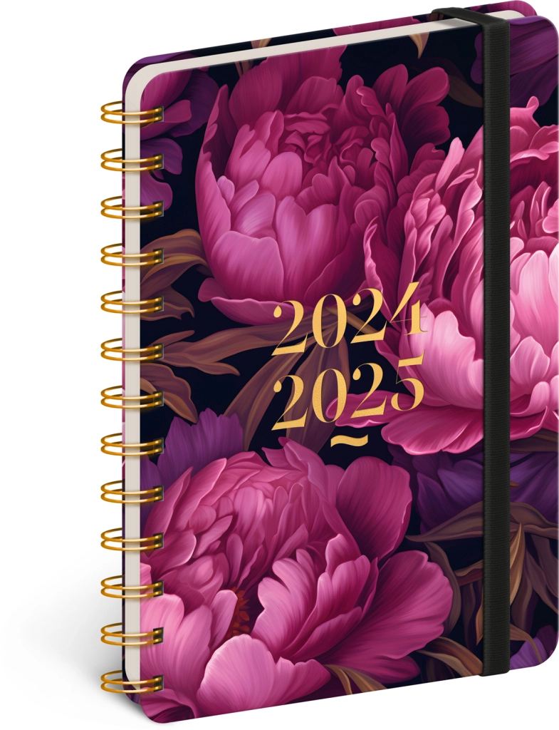E-shop Notique špirálový 18-mesačný diár Petito – fialové kvety 2024/2025, 13 × 18 cm