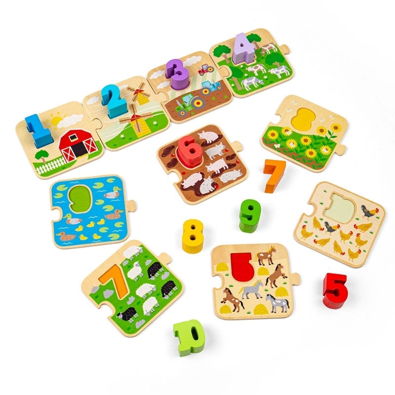 BIGJIGS TOYS drevené puzzle s obrázkami a číslami 1–10 (život na farme)