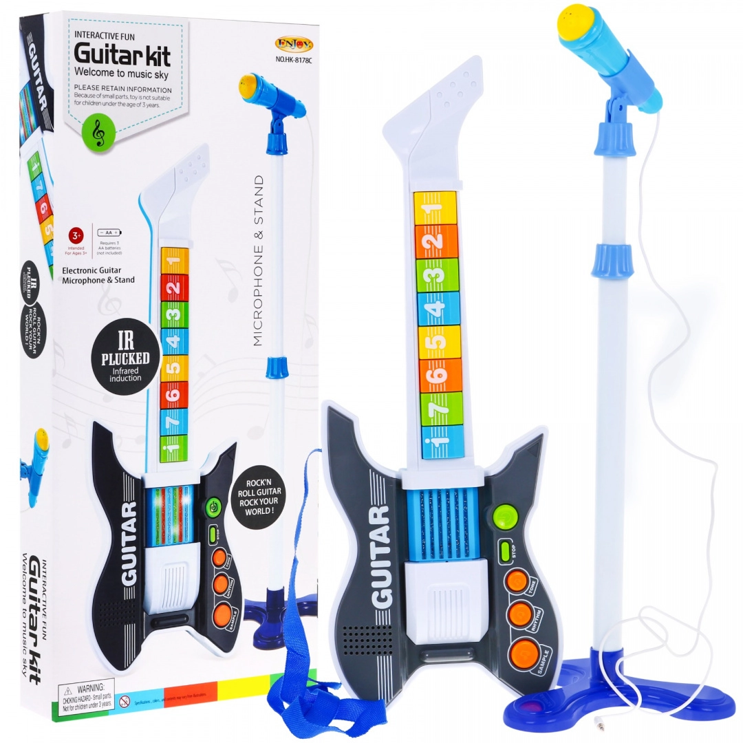E-shop Farebná elektrická gitara pre deti 3+ Mikrofón so stojanom + zvuky Svetlá