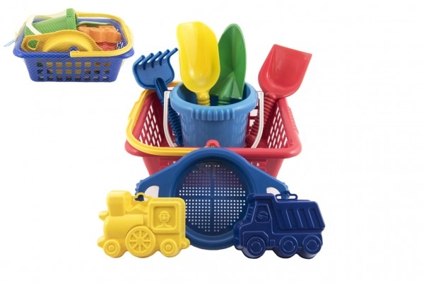 E-shop Lori Košík sada - 2 bábovky, rýľ, lopatka, hrabličky, sitko, vedierko, nákupný košík 12+