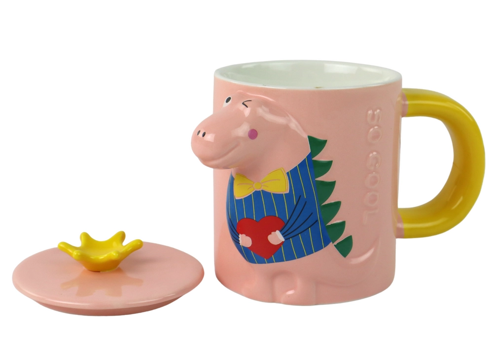 E-shop Keramický hrnček s viečkom a lyžičkou s motívom dinosaura ružový 400 ml