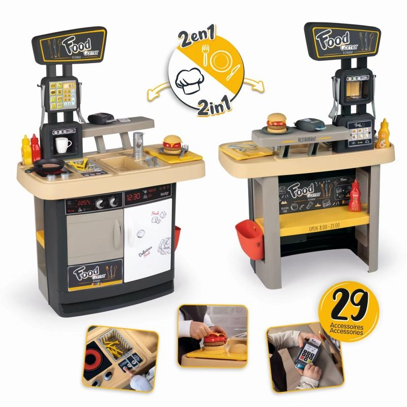 E-shop Smoby Food Corner reštaurácia s kuchynkou obojstranná s terminálom a dávkovačom nápojov 29 doplnkov