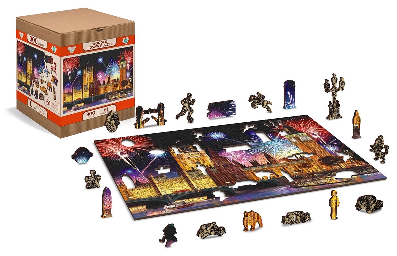 Drevené puzzle Londýn v noci s ohňostrojom
