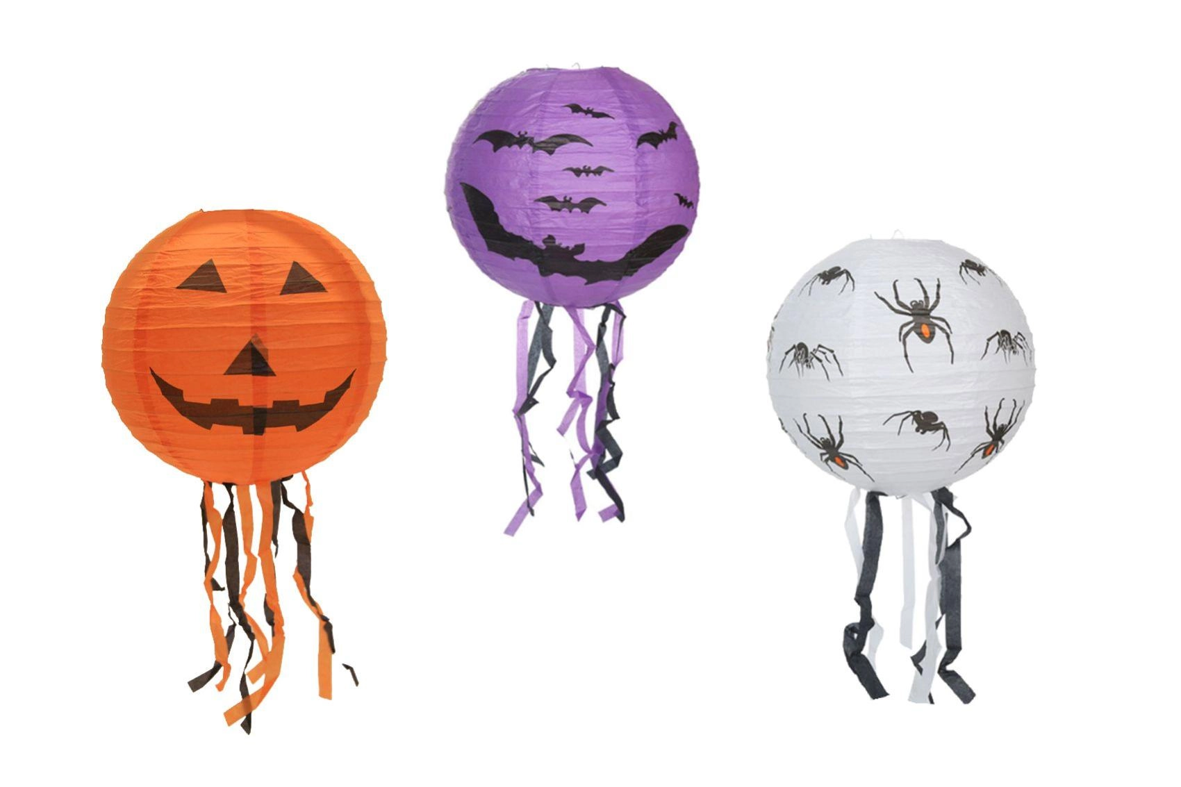Papierový halloweensky lampión guľa so strapcami 30 cm, 3 motívy