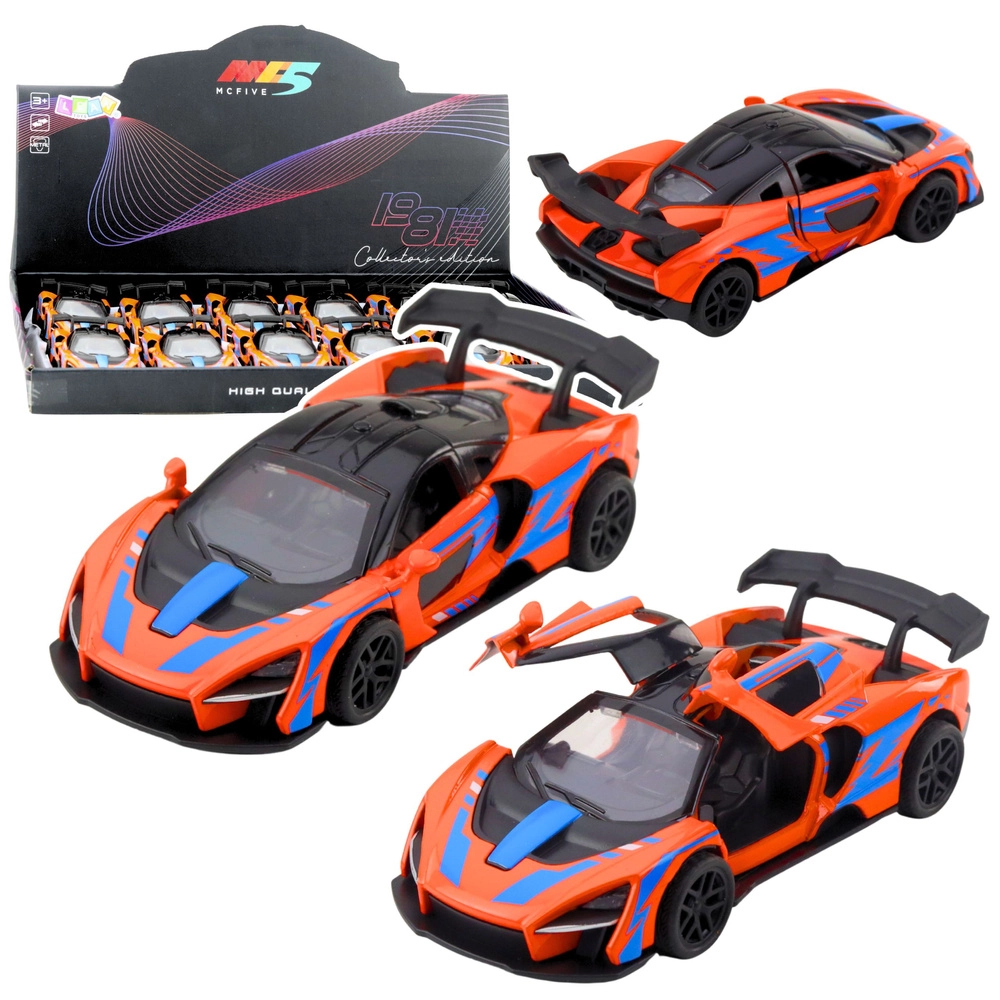 Kovový športový voz 1:32 s pull-back pohonom a otváracími dverami – oranžový