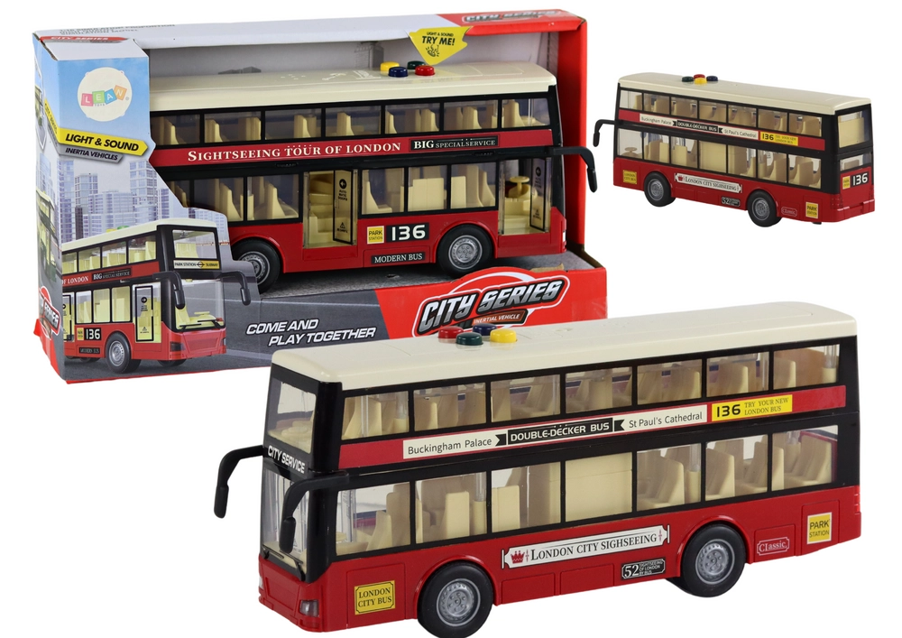 E-shop LEAN Toys Svetlá dvojposchodového mestského autobusu znie na červeno 1:16