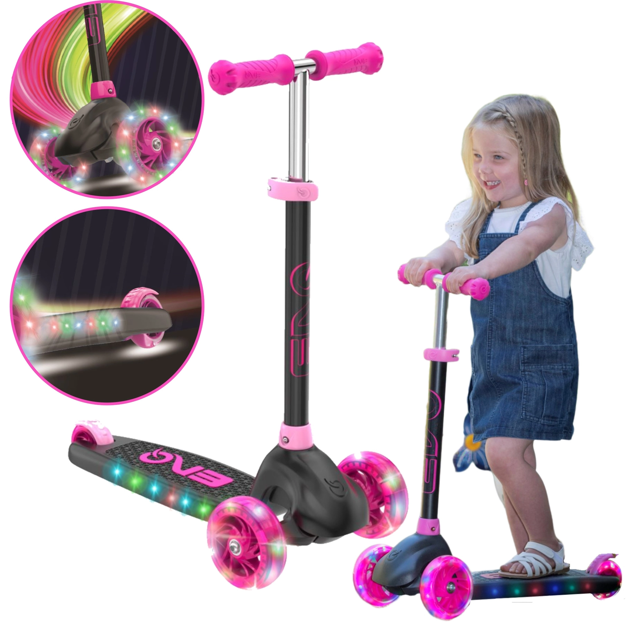 EVO Eclipse detská trojkolesová kolobežka s LED kolieskami a podsvieteným podvozkom – ružová