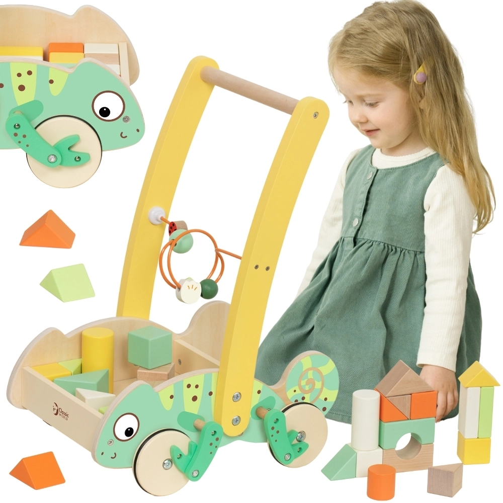 Klasický svet drevené chodítko Chameleon s kockami