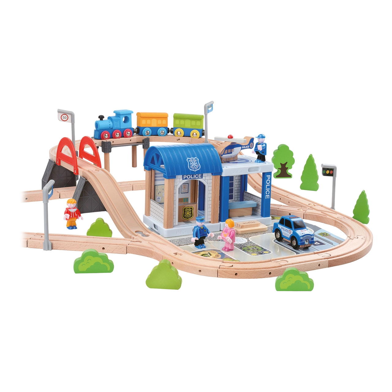 Drevená vláčkodráha s policajnou stanicou a mostom
