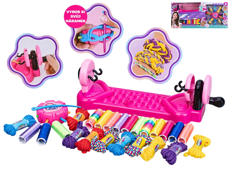 Súprava na pletenie náramkov s pletacím stavom a farebnými šnúrkami