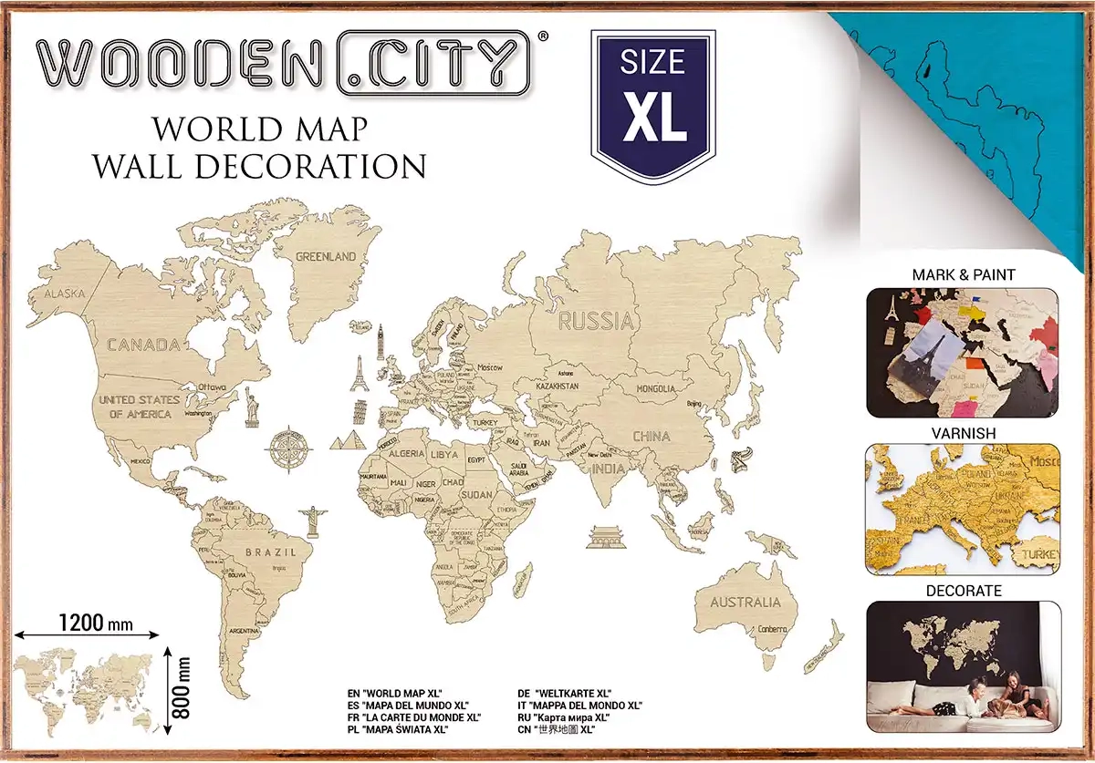 E-shop WOODEN CITY Dřevěná mapa světa velikost XL 120x80cm modrá