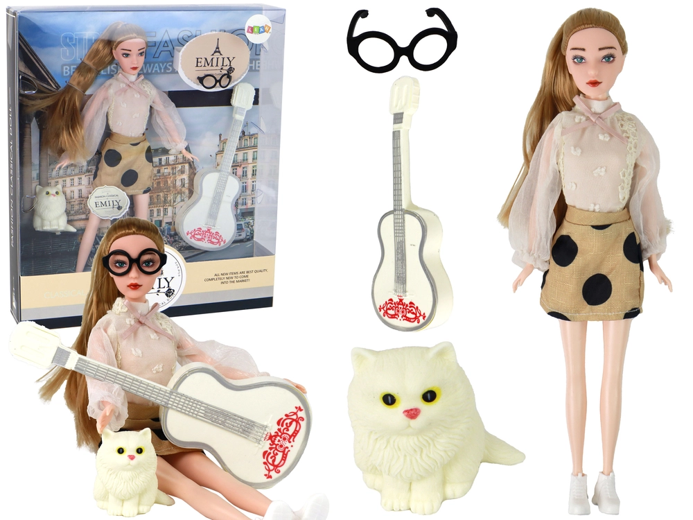 Bábika LEANToys Emily s gitarou a mačkou