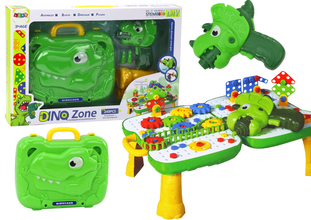 Detský DIY stolík s kufríkom DINOSAUR a aku vŕtačkou, 249 dielov