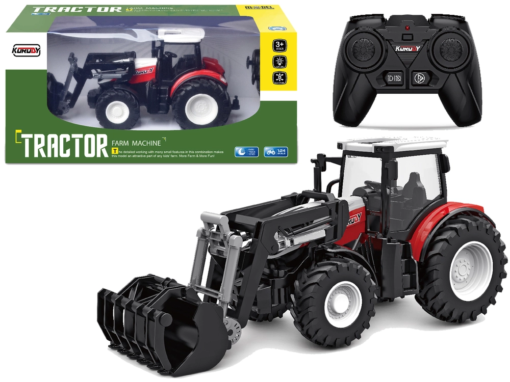 E-shop Červený diaľkovo ovládaný traktor 2,4 GHz s pohyblivou lopatou 1:24