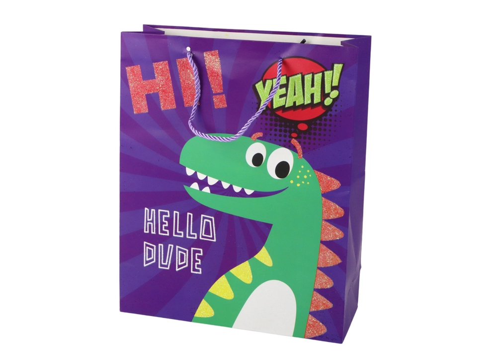 E-shop Fialové darčekové vrecko s dinosaurom 32 × 26 × 10 cm