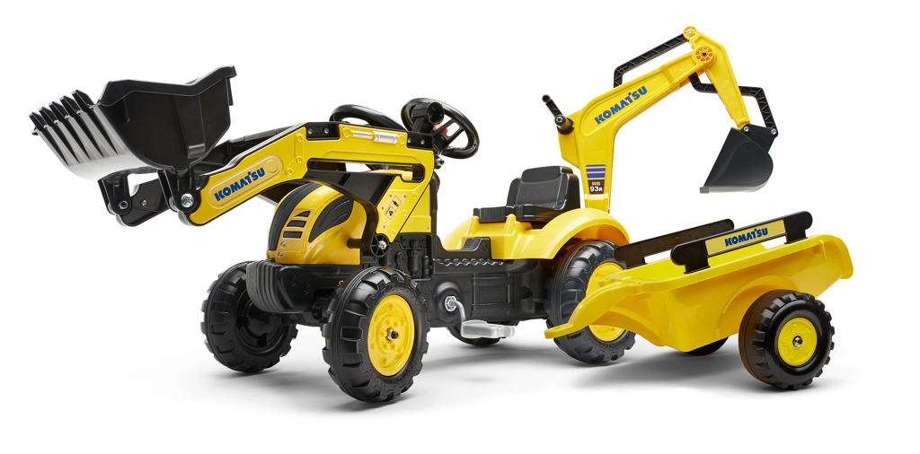 E-shop Šliapací traktor KOMATSU s prednou lyžicou, zadným bagrom a prívesom FALK