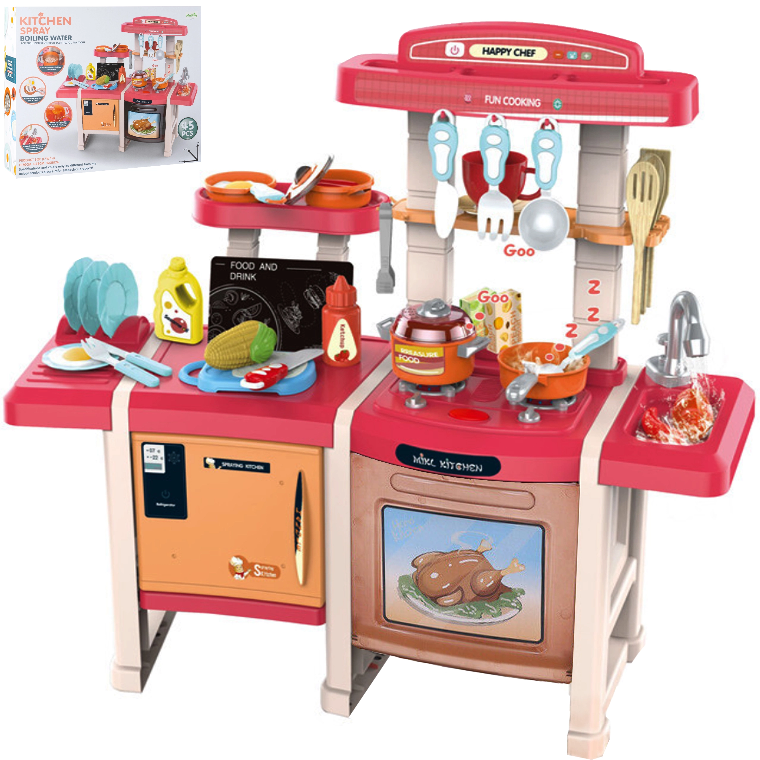 Detská dvojitá kuchynka červená 70 cm, 45 dielov