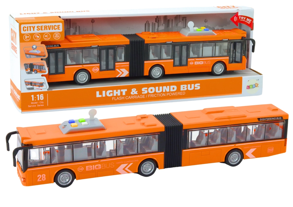 E-shop Mestský kĺbový autobus 1:16 so svetlami a zvukmi, oranžový