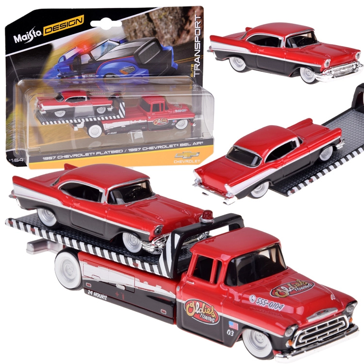 Maisto kovový set 1:64 – odťahové vozidlo CHEVROLET Flatbed 1957 a CHEVROLET Bel Air