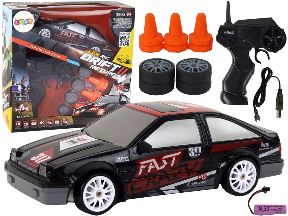 Športové RC auto 1:24 čierne s vymeniteľnými kolesami
