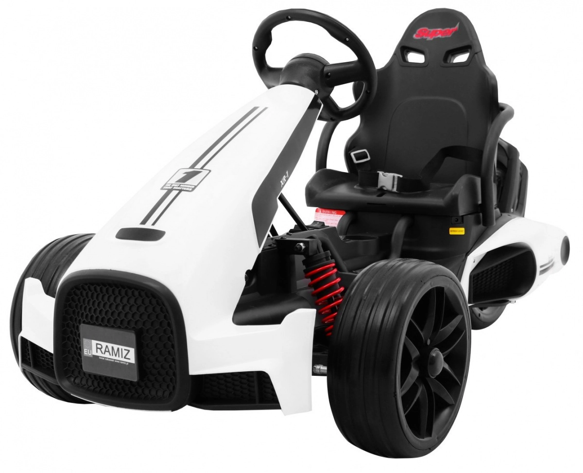 Elektrická detská motokára Bolid XR-1 biela s nastaviteľným volantom a športovým sedadlom