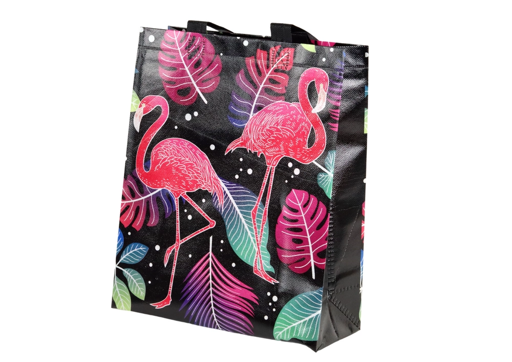E-shop Darčeková taška plameniaky, čierna, 30,5 × 24,5 × 10 cm