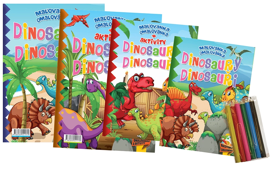 Komplet Dinosaury 2 maľovanky 2 aktivity zošity farebné ceruzky