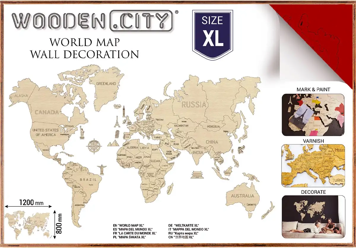 E-shop WOODEN CITY Dřevěná mapa světa velikost XL 120x80cm červená