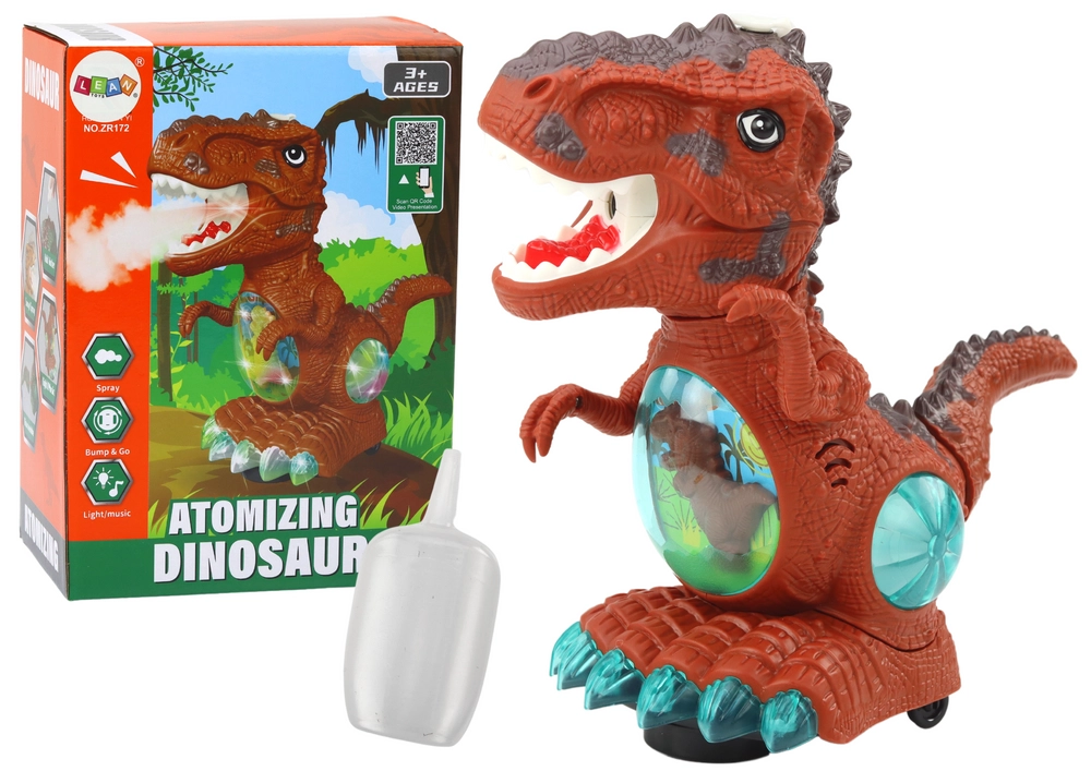 Tancujúci hnedý dinosaurus so senzorom prekážok, svetelnými a zvukovými efektmi