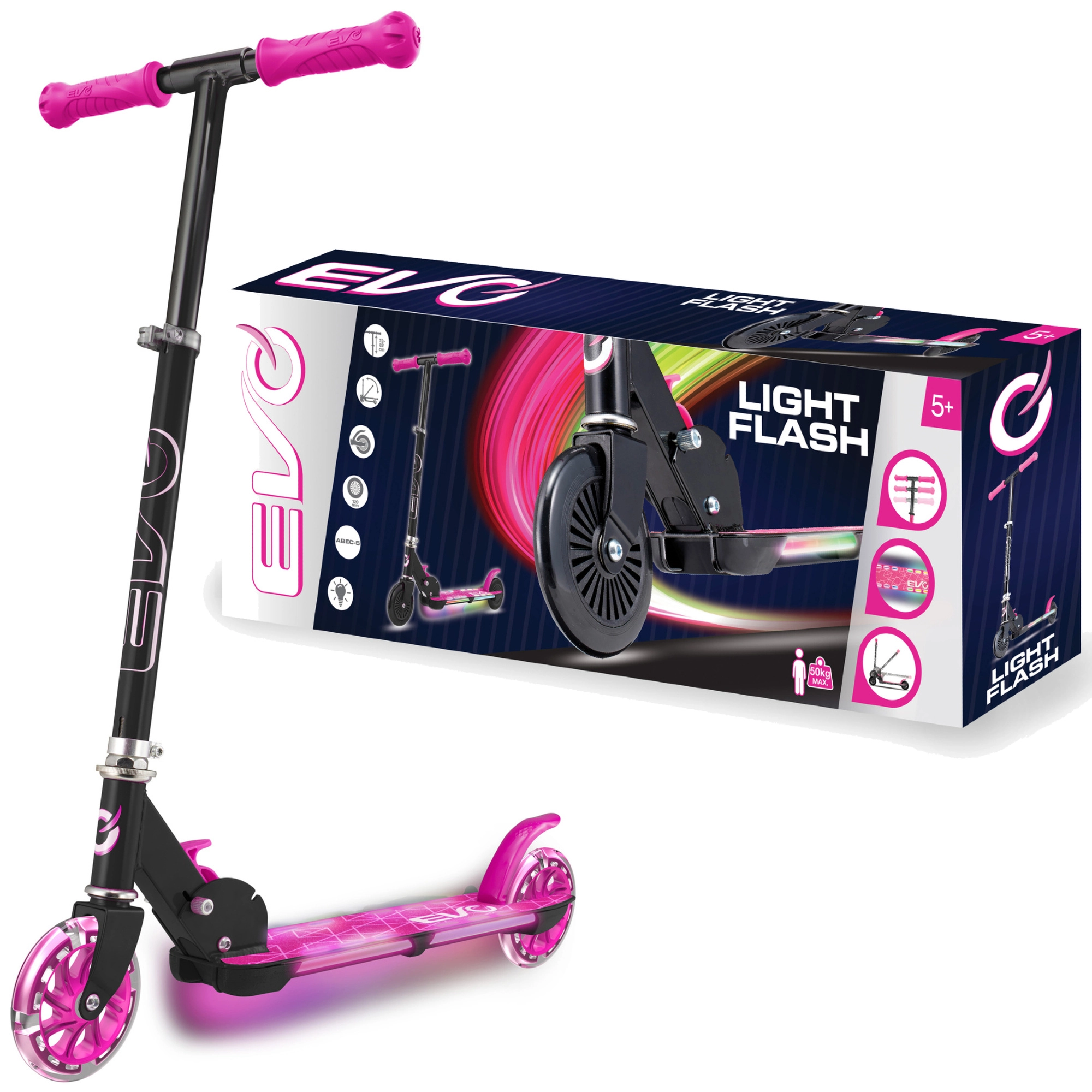 EVO detská skladacia kolobežka Light Flash s LED nášľapom – ružová