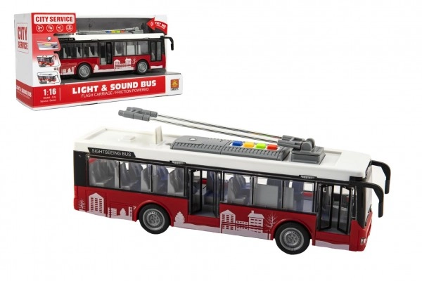 E-shop Teddies Autobus / trolejbus plast 28cm na zotrvačník na bat. so svetlom so zvukom v krabici 32x17x11cm
