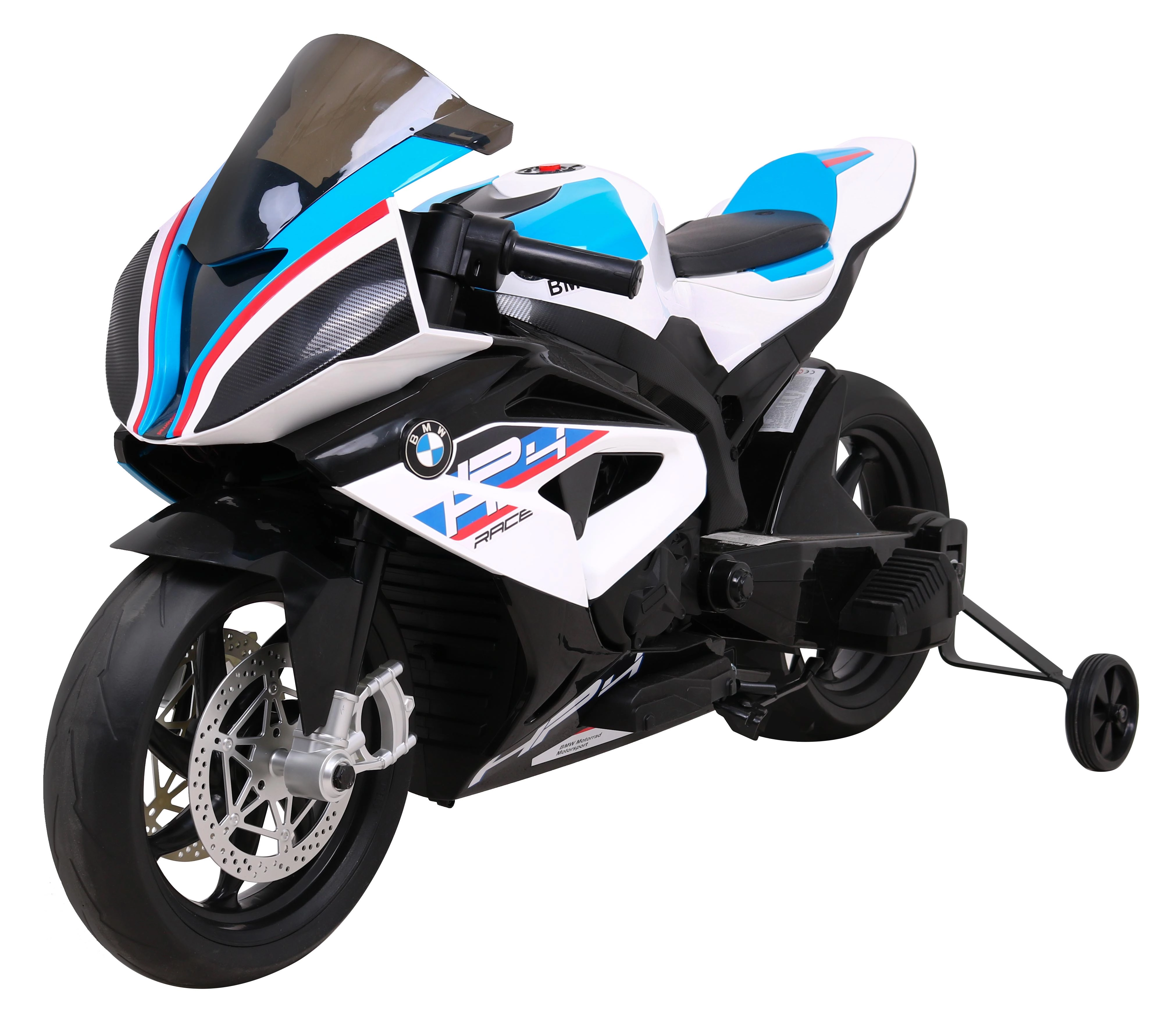 Detská elektrická motorka BMW HP4, biela, pomocné kolieska, pomalý štart, kolesá EVA, MP3 a LED