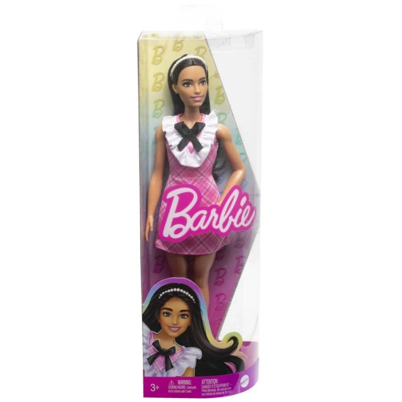 E-shop Barbie Fashionistas bábika v ružových károvaných šatách