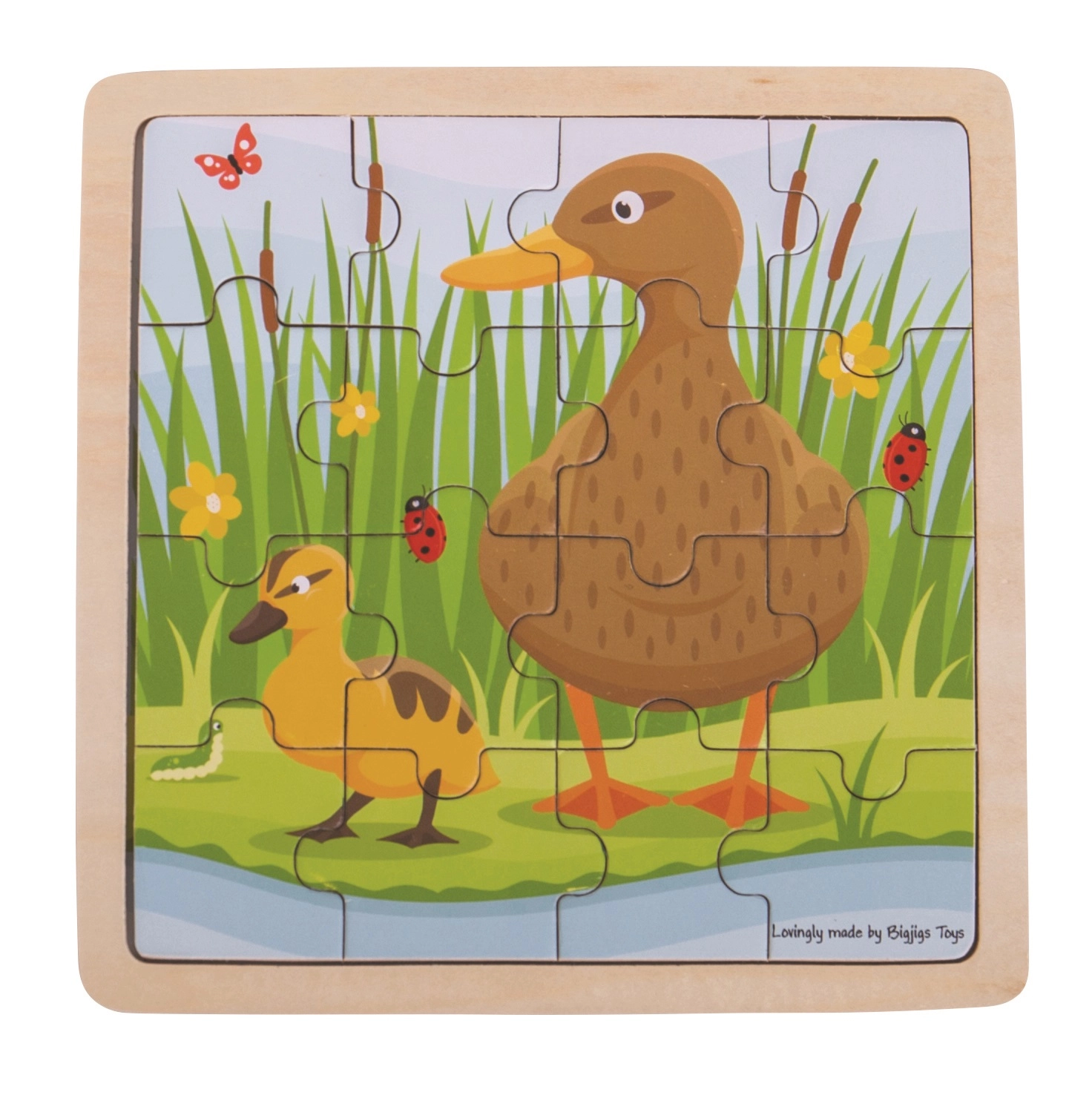 Drevené rámové puzzle BIGJIGS TOYS kačička s káčatkom – 16 dielikov