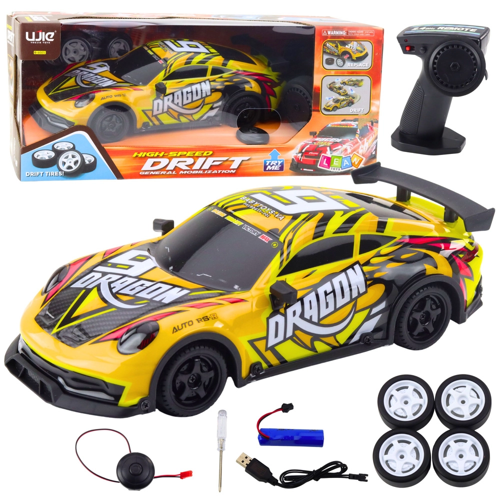 RC športové auto s podsvietenou karosériou a driftovacími kolesami – žlté