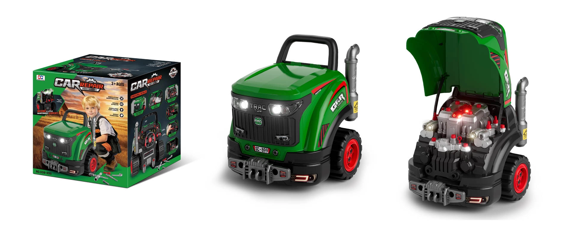 Detský mechanický traktor zelený so zvukom, svetlom a parou