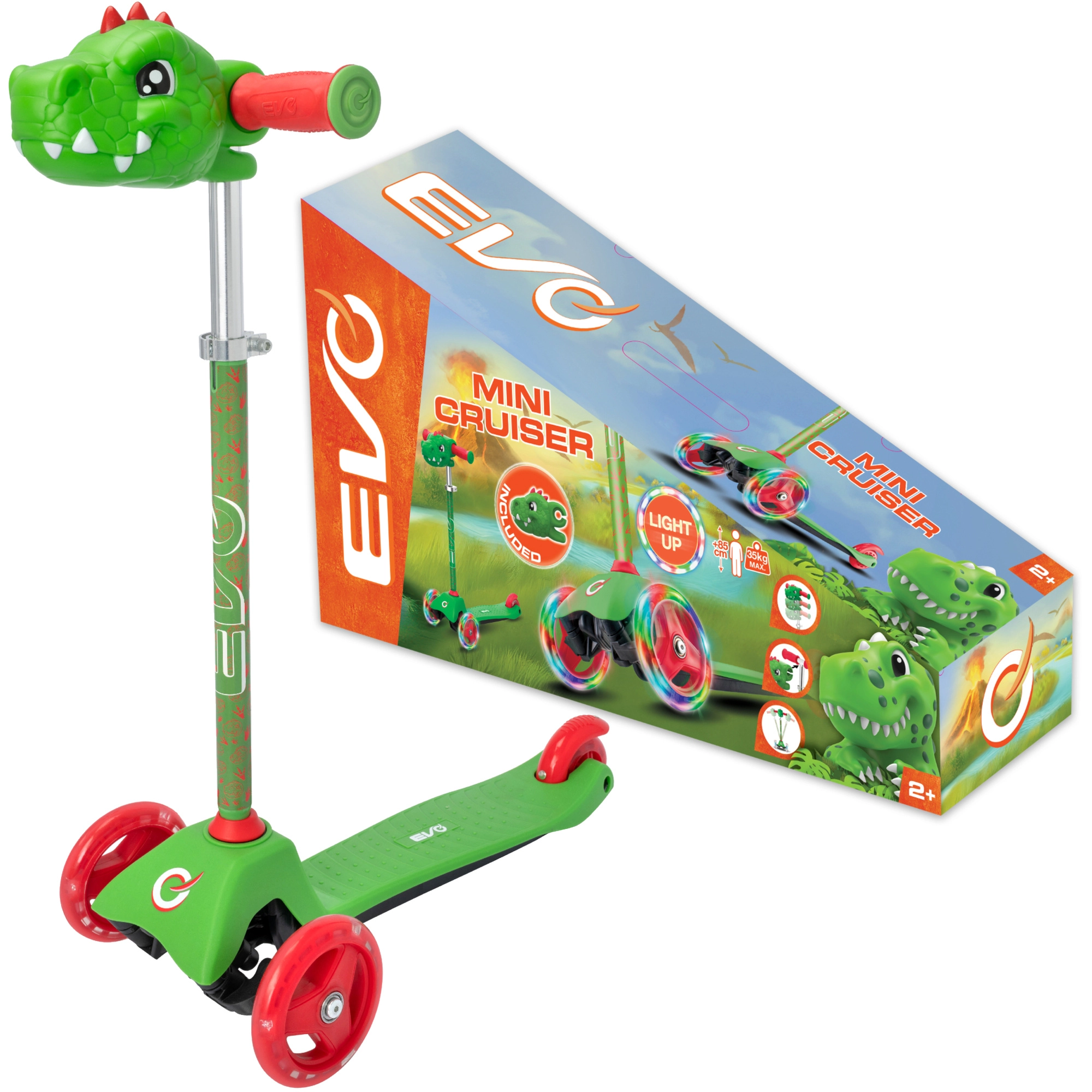 Detská trojkolesová kolobežka EVO Light Up Mini Cruiser Dino s LED kolieskami, výškovo nastaviteľná