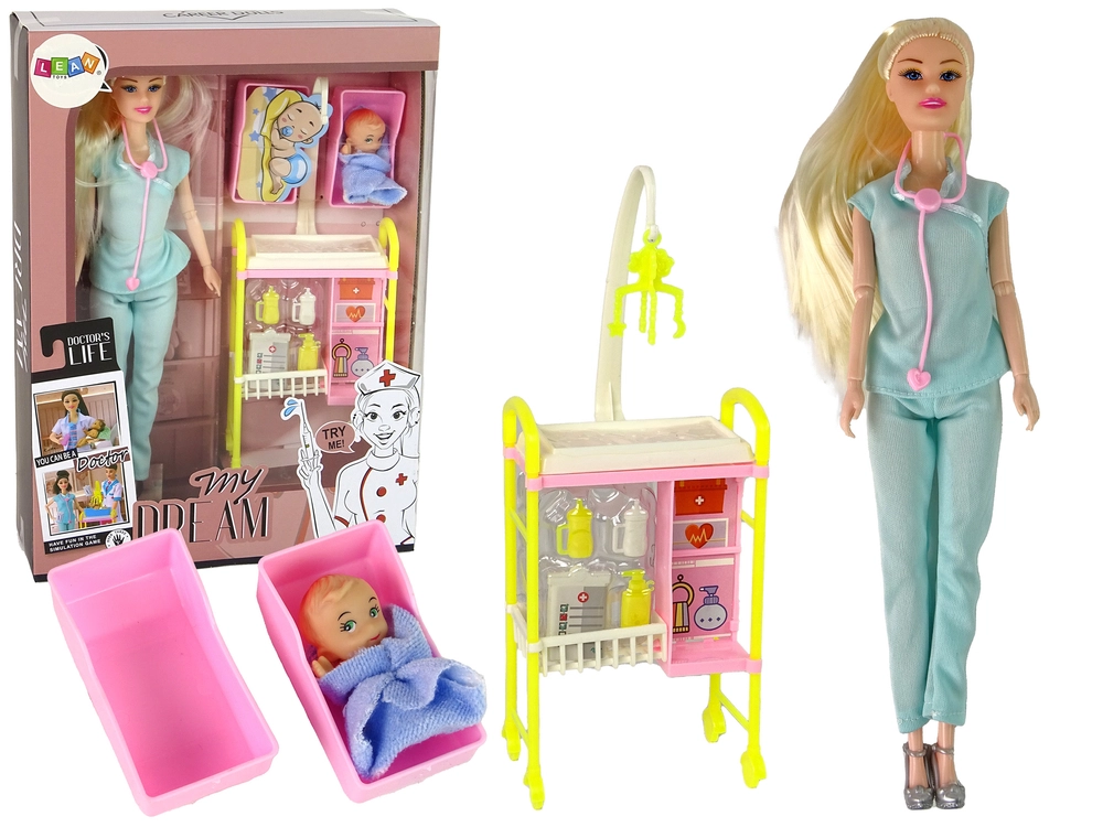 Lean Toys doktorka s bábätkom a doplnkami v modrom oblečení