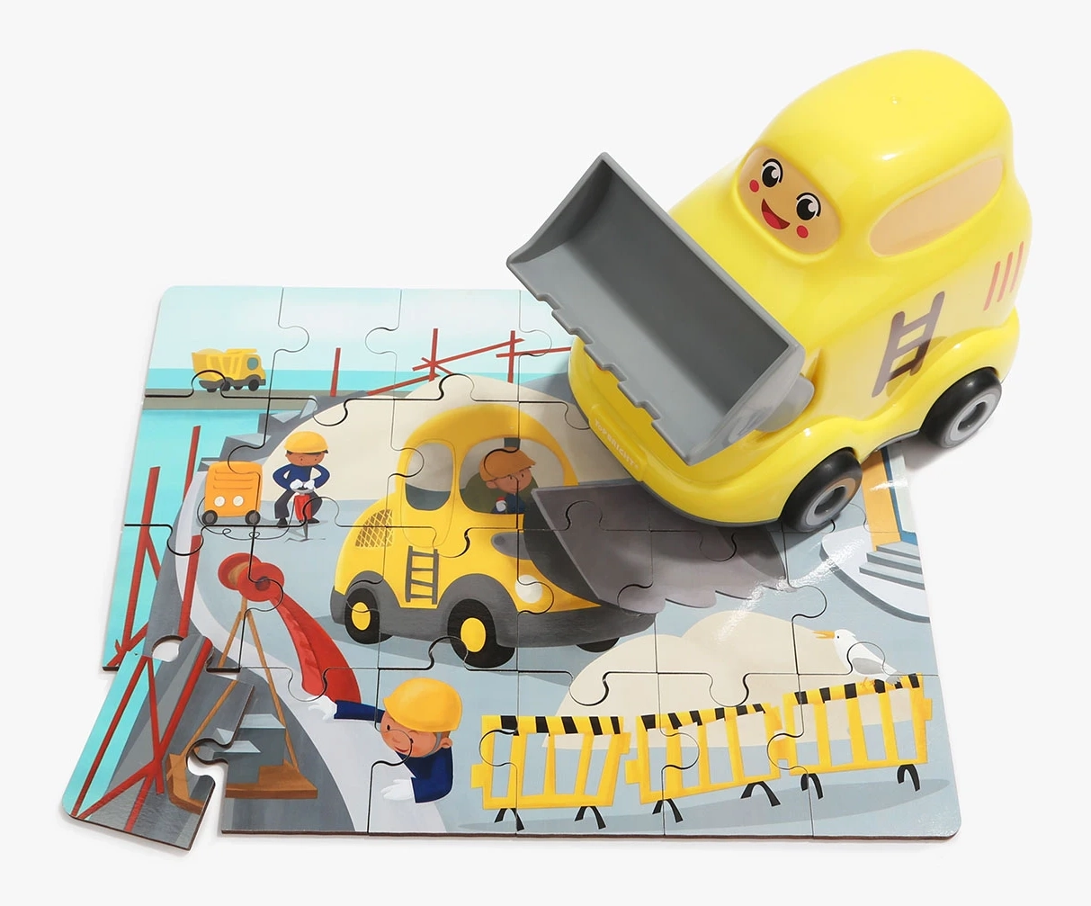 TOP BRIGHT drevené puzzle s hračkou – buldozér, 24 dielikov