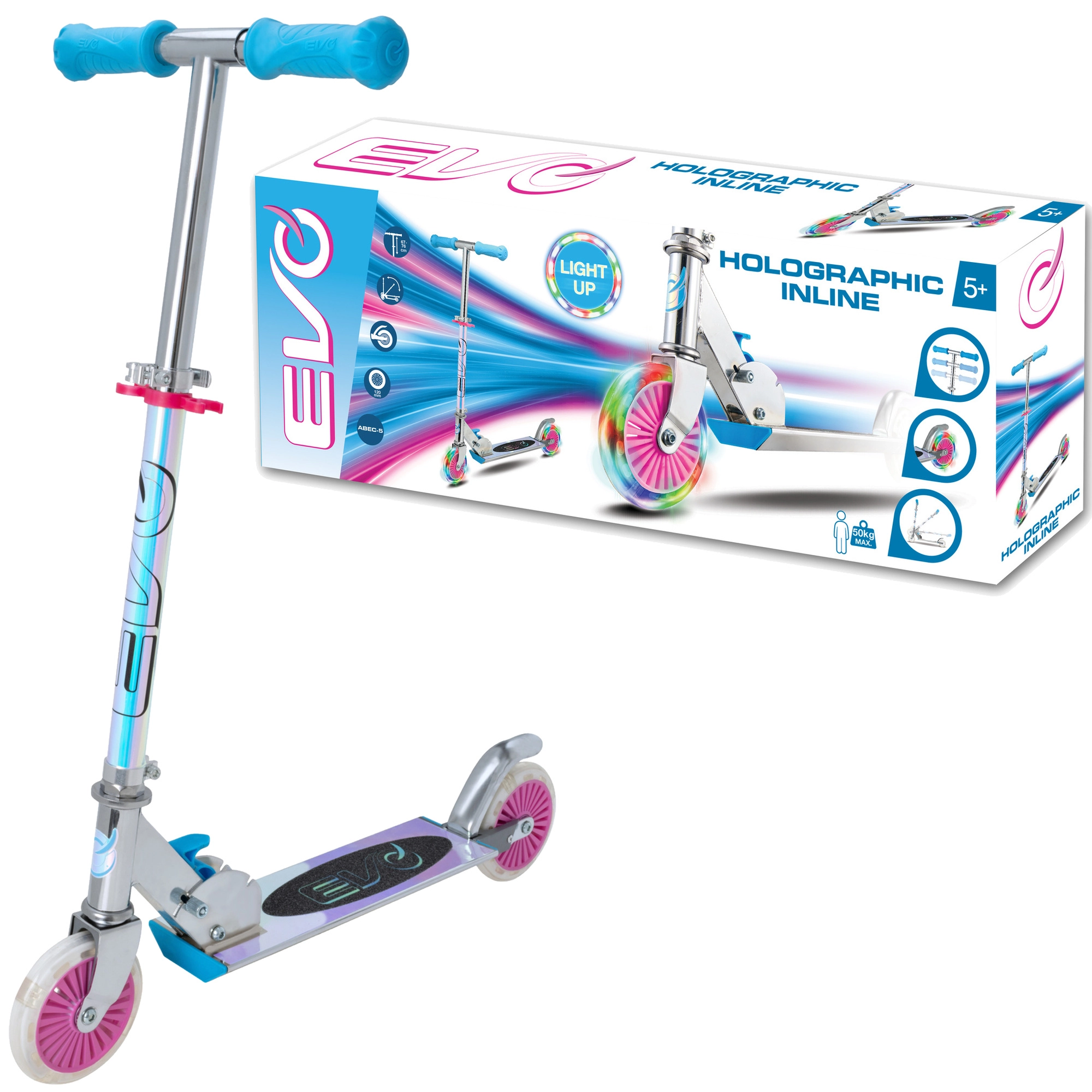 EVO skladacia detská kolobežka s LED kolesami Holographic Inline