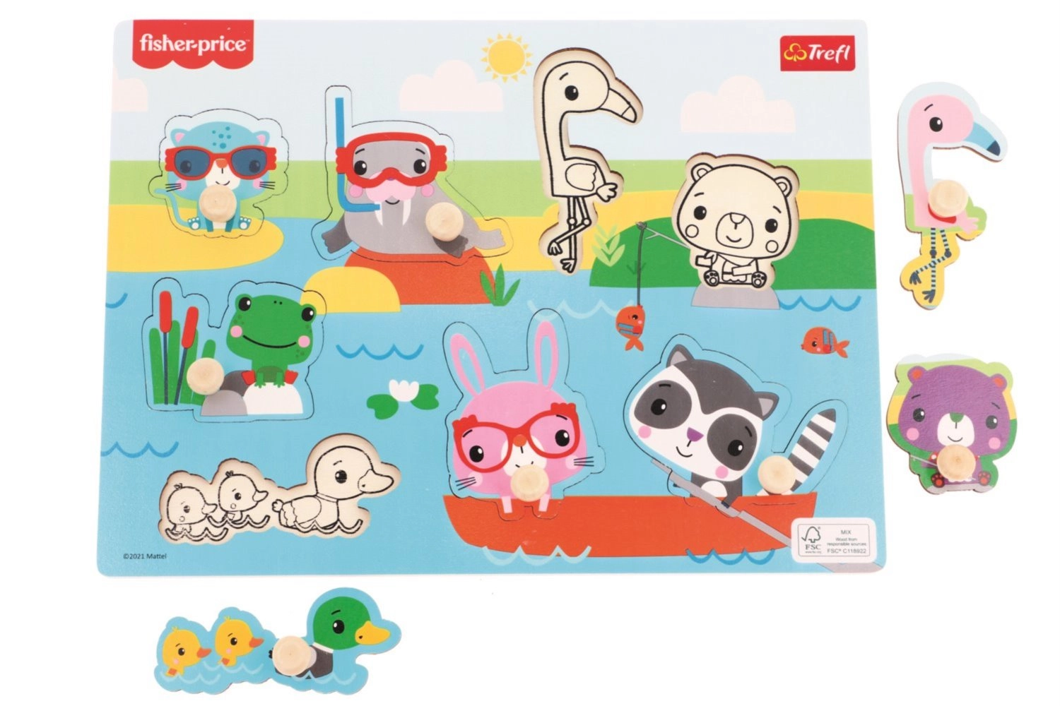E-shop Drevená skladačka Fisher-Price Zvieratká pri vode