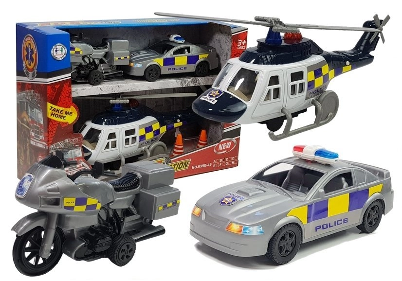 Lean Toys Policajné vozidlá vrtuľník motorka auto + svetelné a zvukové efekty